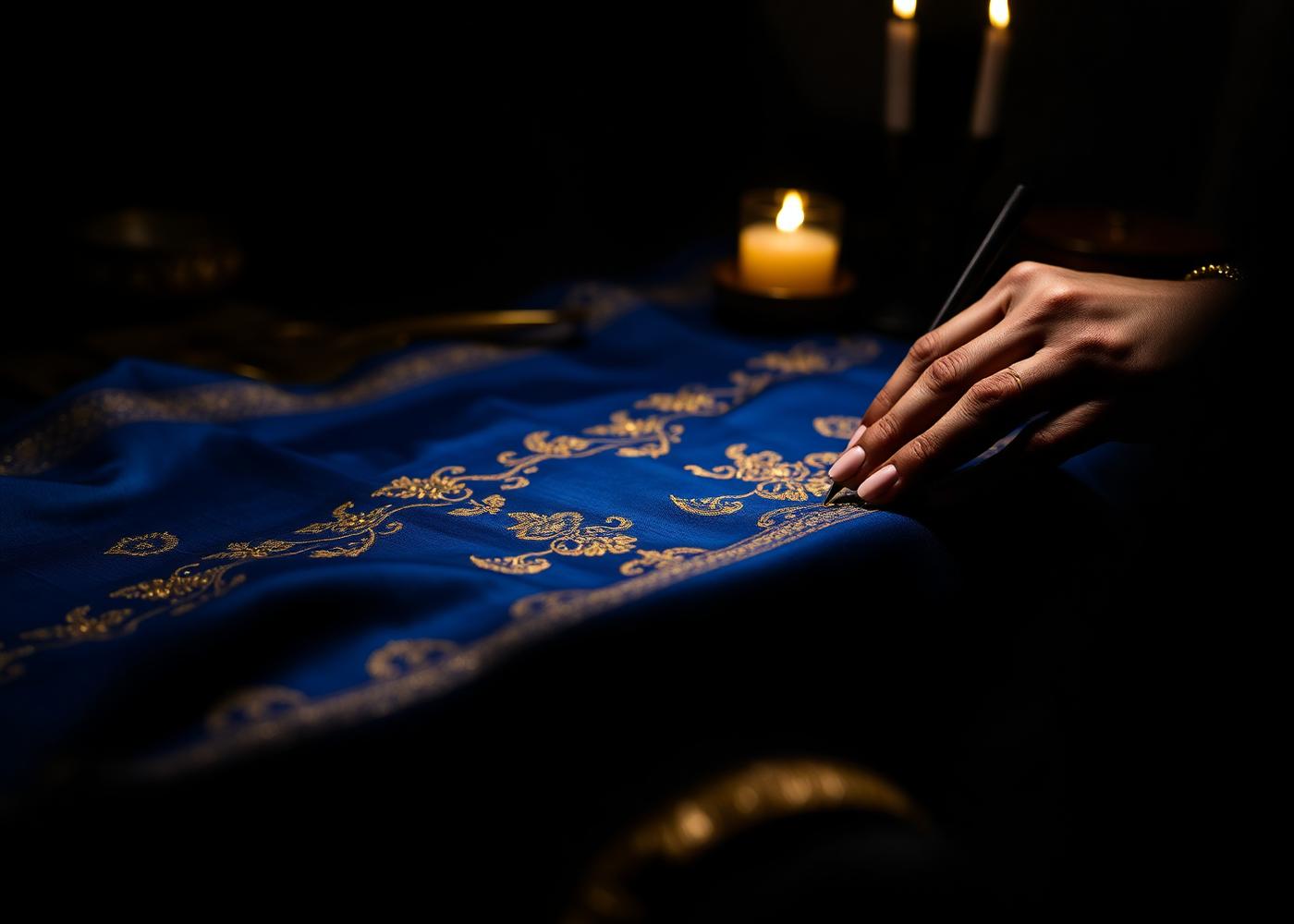 Artisan hand-embroidering gold zari on blue silk