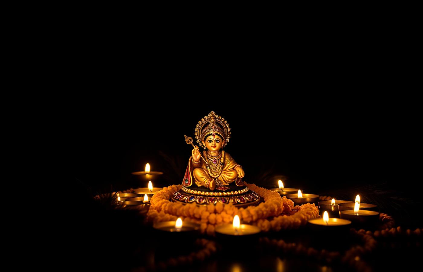 Krishna idol surrounded by diyas and marigolds for Janmashtami