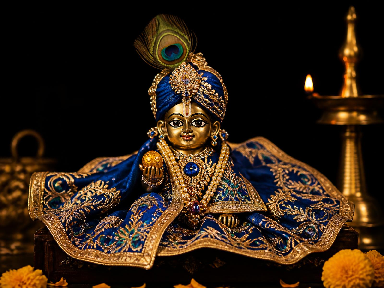 Laddu Gopal dressed in a royal blue silk poshak with gold zari work